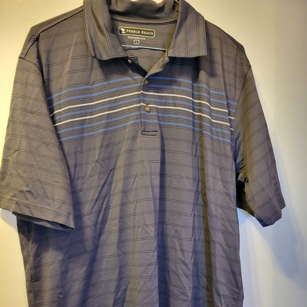 Pebble Beach Performance Golf Polo Shirt Mens Large Gray with Stripes